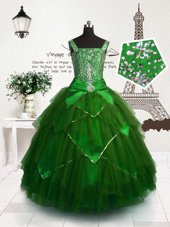 Inexpensive Dark Green Sleeveless Tulle Lace Up Little Girls Pageant Dress Wholesale for Party and Wedding Party