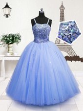 Excellent Light Blue Sleeveless Floor Length Beading and Sequins Zipper Little Girls Pageant Gowns