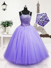 Discount Tulle Sleeveless Floor Length Pageant Gowns For Girls and Beading and Sequins