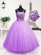 Sleeveless Tulle Floor Length Zipper Little Girls Pageant Dress in Lavender for with Beading and Sequins