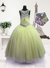Unique Scoop Floor Length Apple Green Little Girl Pageant Gowns Organza Sleeveless Beading