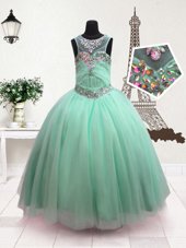 Lovely Scoop Sleeveless Child Pageant Dress Floor Length Beading Turquoise Organza
