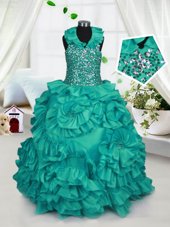 Pretty Turquoise Halter Top Zipper Beading and Ruffles Child Pageant Dress Sleeveless