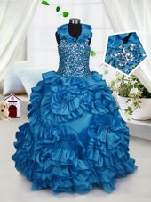 Superior Halter Top Sleeveless Pageant Gowns For Girls Floor Length Beading and Ruffles Teal Taffeta