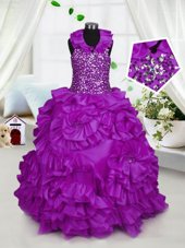 Fancy Purple Ball Gowns Halter Top Sleeveless Taffeta Floor Length Zipper Beading Kids Pageant Dress