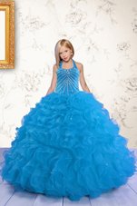 Simple Mermaid Floor Length Aqua Blue Kids Pageant Dress Halter Top Sleeveless Lace Up