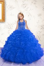 Ball Gowns Girls Pageant Dresses Royal Blue Halter Top Organza Sleeveless Floor Length Lace Up