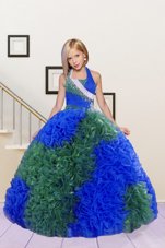 Fantastic Halter Top Floor Length Ball Gowns Sleeveless Blue and Dark Green Kids Formal Wear Lace Up