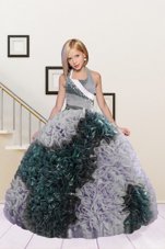 Dark Green and Silver Halter Top Neckline Beading and Ruffles Little Girl Pageant Gowns Sleeveless Lace Up