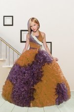 Purple and Orange Ball Gowns Fabric With Rolling Flowers Halter Top Sleeveless Beading and Ruffles Floor Length Lace Up Little Girls Pageant Gowns