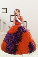 On Sale Purple and Orange Red Ball Gowns Fabric With Rolling Flowers Halter Top Sleeveless Beading and Ruffles Floor Length Lace Up Little Girls Pageant Dress