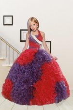 Hot Selling Halter Top Red and Purple Sleeveless Floor Length Beading and Ruffles Lace Up Kids Pageant Dress