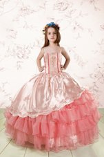 High Quality Baby Pink Ball Gowns Spaghetti Straps Sleeveless Organza Floor Length Lace Up Embroidery and Ruffled Layers Kids Pageant Dress
