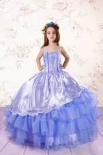 Affordable Baby Blue Ball Gowns Spaghetti Straps Sleeveless Organza Floor Length Lace Up Embroidery and Ruffled Layers Kids Formal Wear