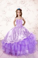 Great Lavender Sleeveless Embroidery and Ruffled Layers Floor Length Little Girls Pageant Dress