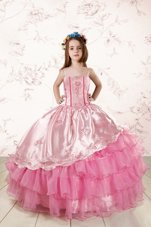 Organza Spaghetti Straps Sleeveless Lace Up Embroidery and Ruffled Layers Little Girl Pageant Gowns in Rose Pink