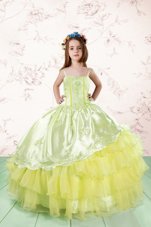 Custom Design Light Yellow Kids Formal Wear Party and For with Lace and Ruffled Layers Spaghetti Straps Sleeveless Lace Up