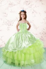 Perfect Yellow Green Lace Up Pageant Gowns For Girls Embroidery and Ruffled Layers Sleeveless Floor Length