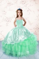 Cute Apple Green Spaghetti Straps Neckline Embroidery and Ruffled Layers Little Girls Pageant Dress Sleeveless Lace Up