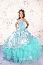 Sweet Ruffled Spaghetti Straps Sleeveless Lace Up Pageant Gowns For Girls Turquoise Organza