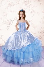 Baby Blue Ball Gowns Embroidery and Ruffled Layers Little Girls Pageant Gowns Lace Up Organza Sleeveless Floor Length