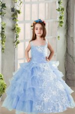 Hot Sale Baby Blue Organza Lace Up Child Pageant Dress Long Sleeves Floor Length Lace and Ruffled Layers