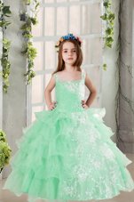 Ruffled Turquoise Sleeveless Organza Lace Up Little Girls Pageant Gowns for Party and Wedding Party