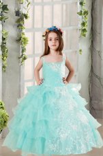 Dramatic Light Blue Sleeveless Floor Length Lace and Ruffled Layers Lace Up Pageant Gowns For Girls