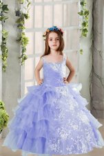 Lace and Ruffled Layers Little Girls Pageant Dress Wholesale Lavender Lace Up Sleeveless Floor Length
