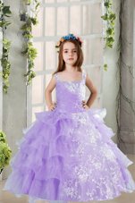 Ruffled Square Sleeveless Lace Up Little Girls Pageant Dress Lavender Organza