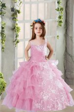 Top Selling Lilac Organza Lace Up Square Sleeveless Floor Length Little Girl Pageant Dress Lace and Ruffled Layers