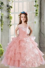Best Baby Pink Lace Up Square Lace and Ruffled Layers Child Pageant Dress Organza Sleeveless