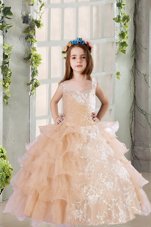 Perfect Floor Length Zipper Child Pageant Dress Champagne and In for Party and Wedding Party with Lace and Ruffled Layers