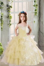Excellent Light Yellow Square Neckline Lace and Ruffled Layers Child Pageant Dress Sleeveless Lace Up