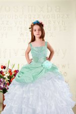 Top Selling Floor Length Lace Up Little Girl Pageant Dress White and In for Party and Wedding Party with Beading and Ruffles