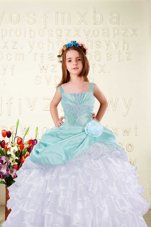 Lovely Aqua Blue Sleeveless Floor Length Beading and Ruffled Layers and Hand Made Flower Lace Up Little Girls Pageant Dress Wholesale