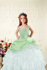 Apple Green Organza Lace Up Pageant Gowns For Girls Sleeveless Floor Length Beading and Ruffled Layers and Hand Made Flower