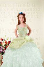 Affordable Yellow Green Sleeveless Floor Length Beading and Ruffled Layers Lace Up Little Girls Pageant Dress Wholesale