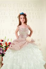 Amazing Sleeveless Organza Floor Length Lace Up Little Girls Pageant Dress in Peach for with Beading and Ruffled Layers and Hand Made Flower