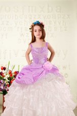 Excellent Beading and Ruffled Layers and Hand Made Flower Little Girls Pageant Gowns Fuchsia Lace Up Sleeveless Floor Length