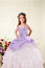 Eye-catching Sleeveless Floor Length Beading and Ruffled Layers and Hand Made Flower Lace Up Little Girl Pageant Gowns with Lilac