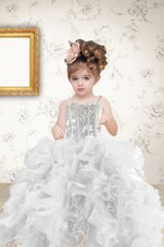 Nice Grey Ball Gowns Organza Spaghetti Straps Sleeveless Beading and Ruffles and Sequins Floor Length Lace Up Little Girls Pageant Dress Wholesale