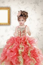 Multi-color Lace Up Spaghetti Straps Beading and Ruffles and Sequins Little Girls Pageant Gowns Organza Sleeveless