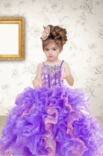 Admirable Multi-color Organza Lace Up Spaghetti Straps Sleeveless Floor Length Little Girl Pageant Dress Beading and Ruffles and Sequins