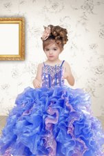 Beautiful Multi-color Organza Lace Up Spaghetti Straps Sleeveless Floor Length Girls Pageant Dresses Beading and Ruffles and Sequins