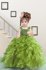Fancy Olive Green Lace Up Straps Beading and Ruffles Little Girls Pageant Dress Organza Sleeveless