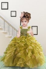 Trendy Yellow Green Little Girls Pageant Dress Military Ball and Sweet 16 and Quinceanera and For with Beading and Ruffles Straps Sleeveless Lace Up