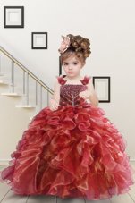 Watermelon Red Lace Up Girls Pageant Dresses Beading and Ruffles Sleeveless Floor Length