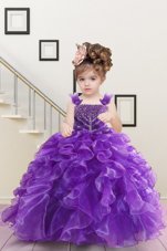 Straps Sleeveless Little Girl Pageant Gowns Floor Length Beading and Ruffles Purple Organza