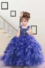 Fashion Straps Sleeveless Lace Up Kids Pageant Dress Navy Blue Organza